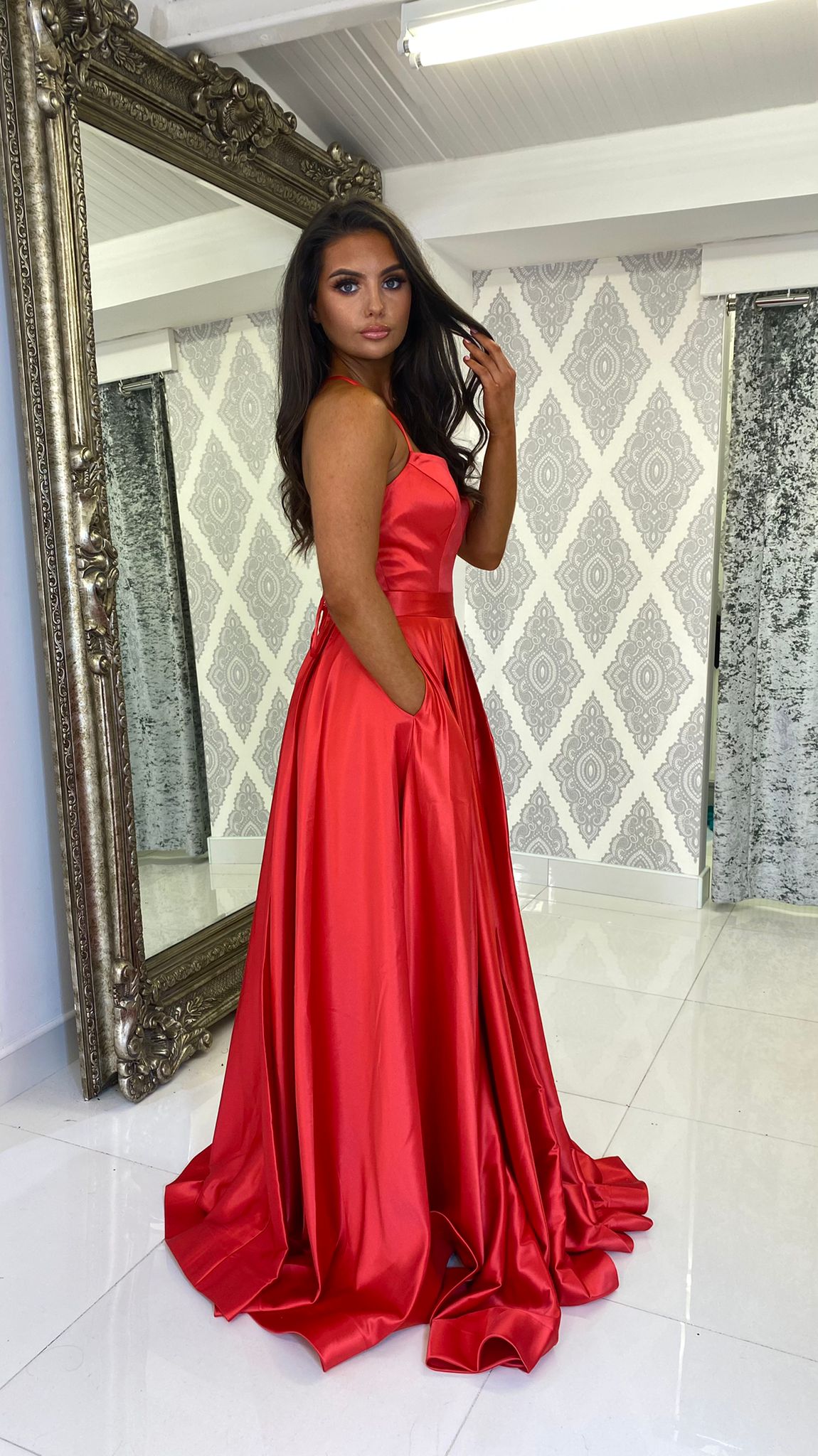 Red Satin Straight Neck Corset Ball Gown