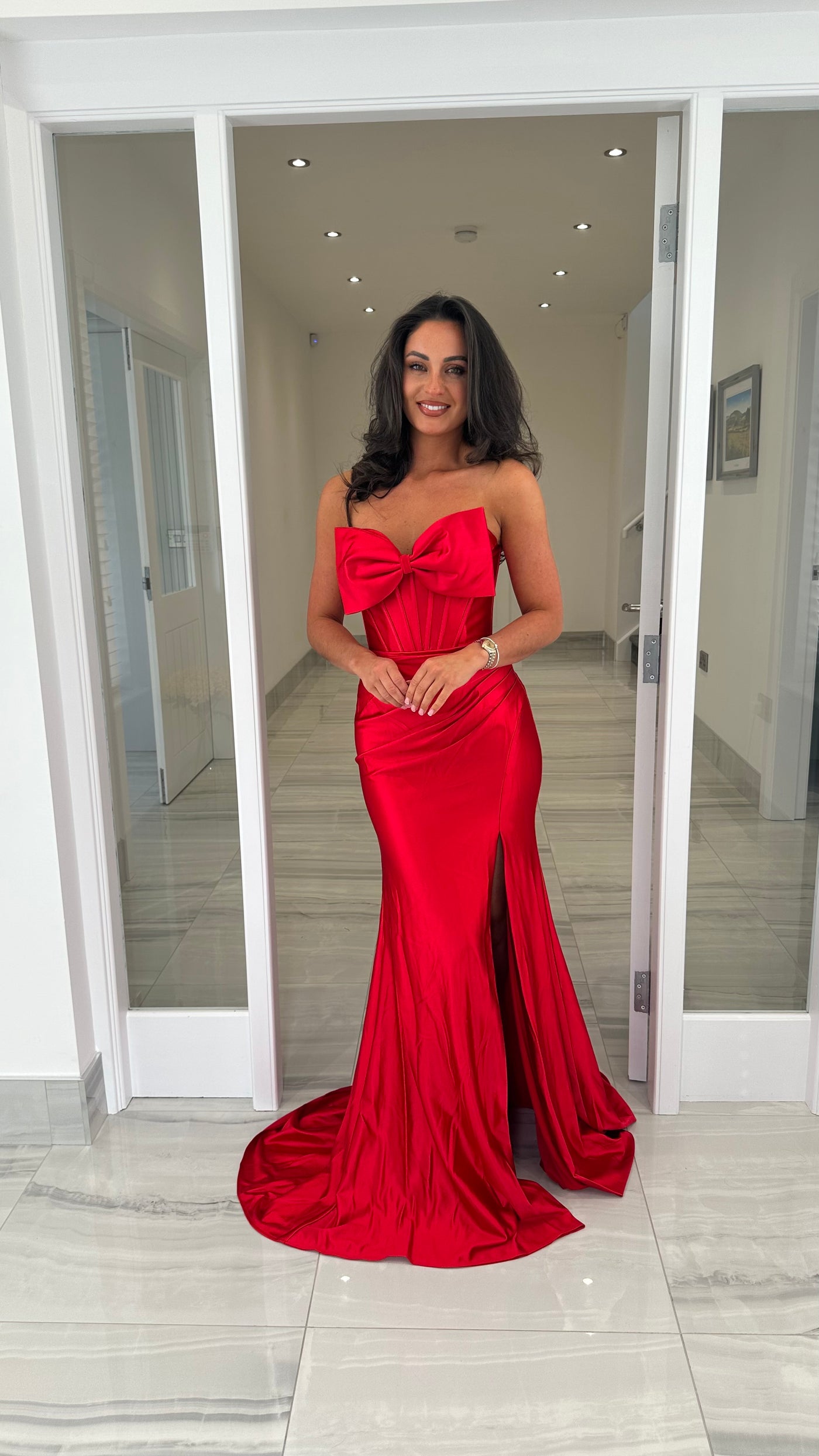 Cherry Red Satin Bow Front Gown – Rosies Closet
