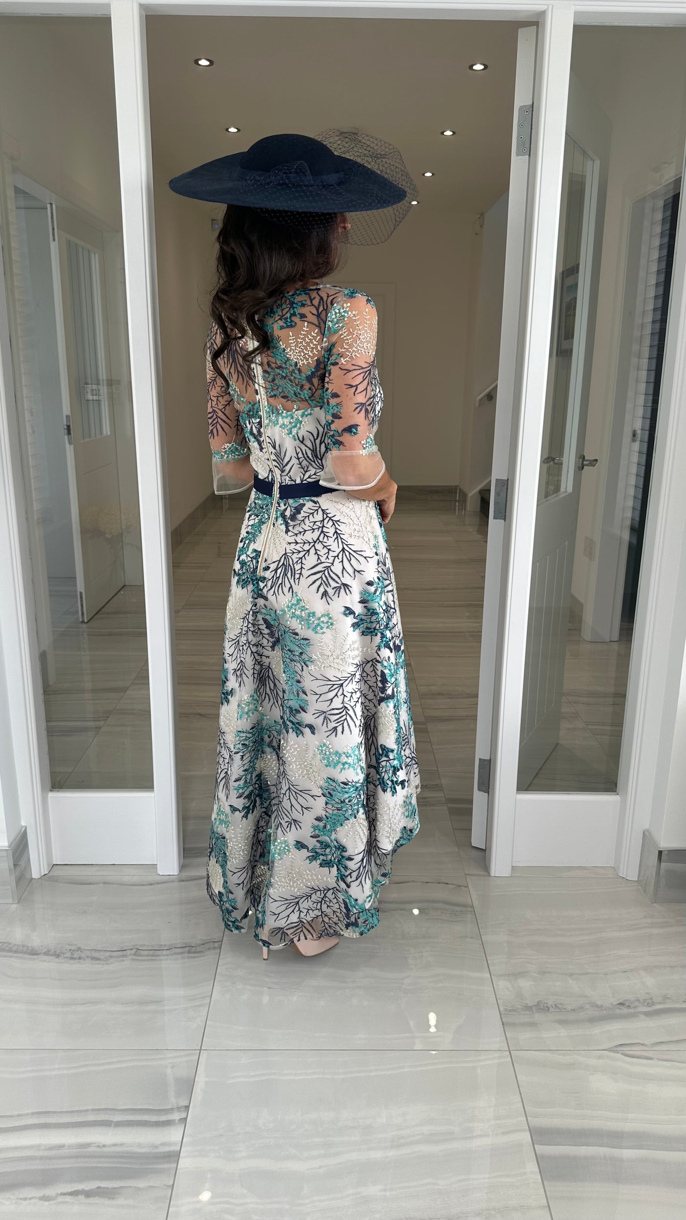 Navy Floral Embroidery Dip Hem Skater Dress