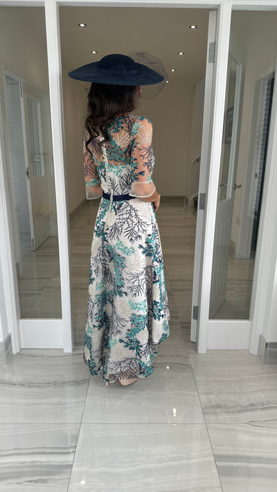 Navy Floral Embroidery Dip Hem Skater Dress