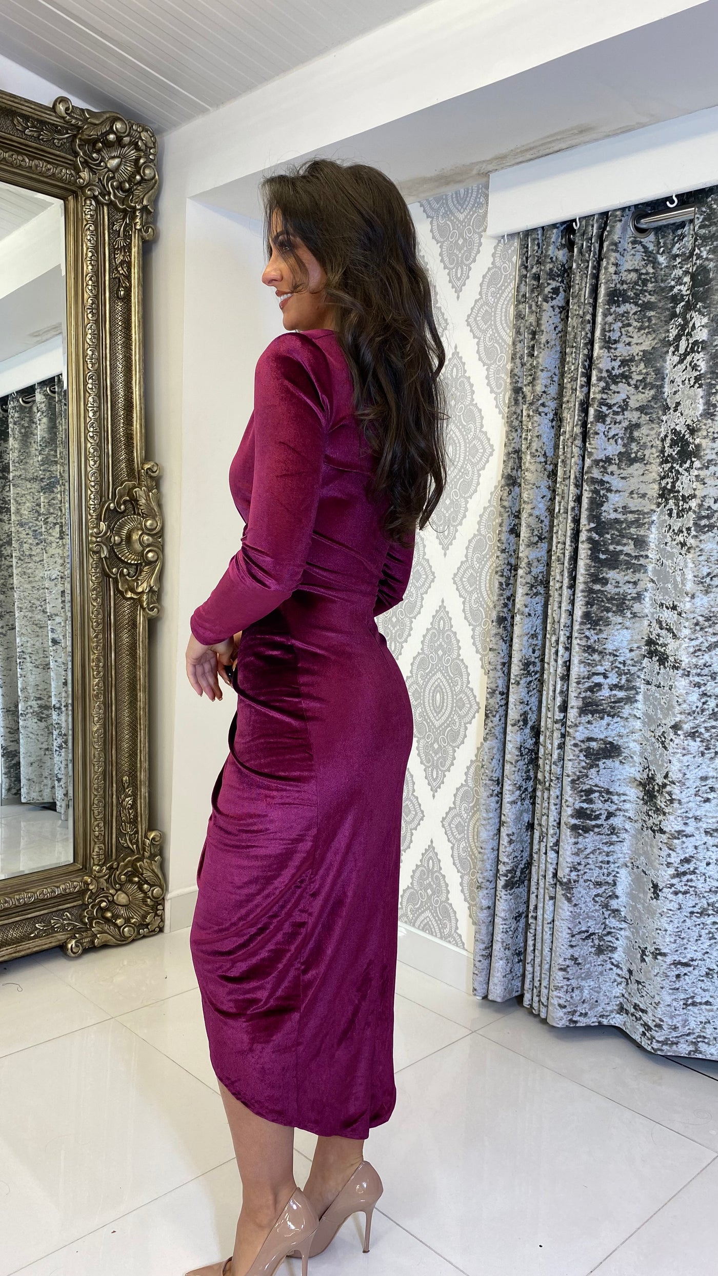 The Violet Midi Ruched Velvet Cocktail Dress