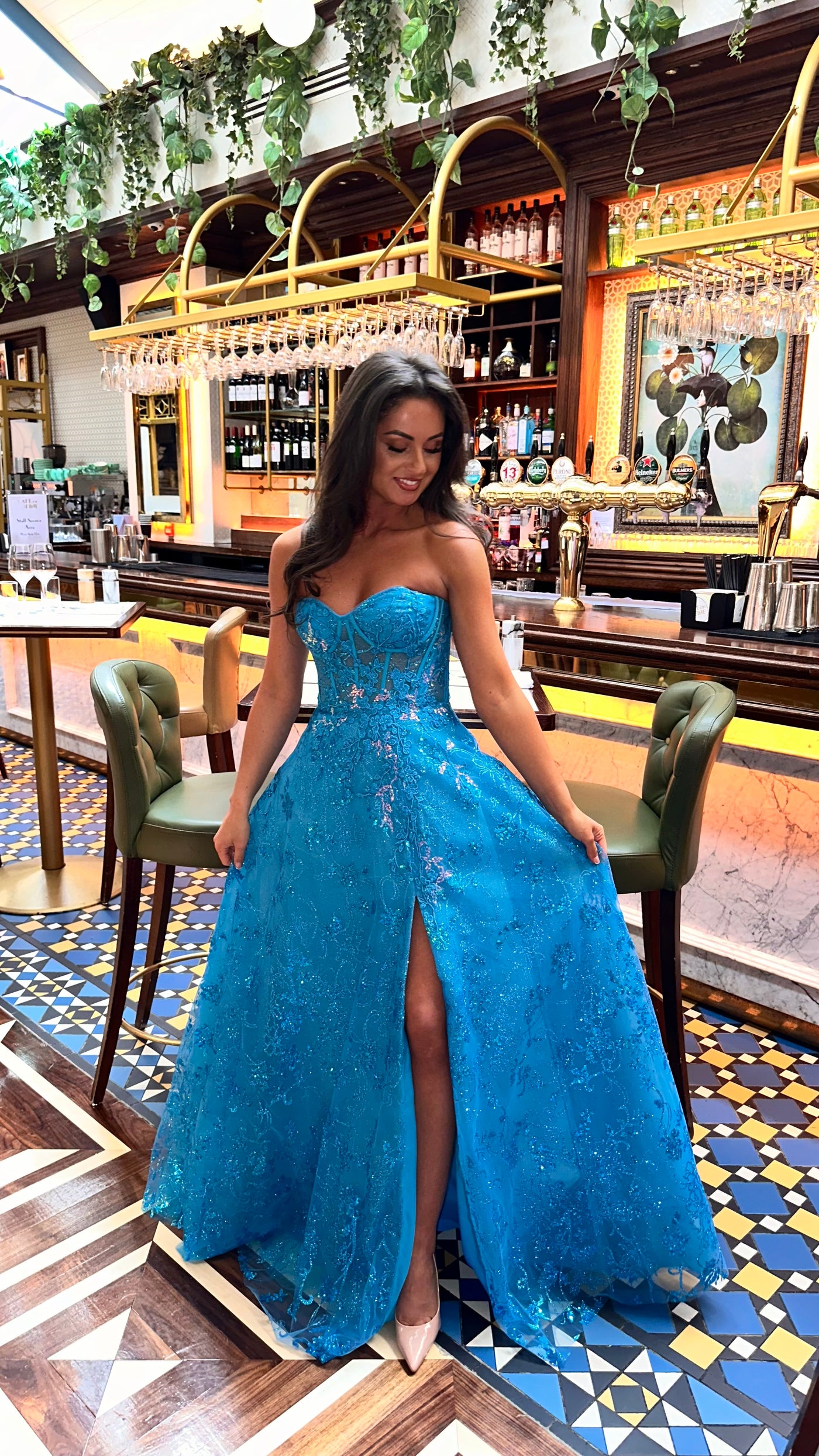 Turquoise Strapless Corset Ball Gown