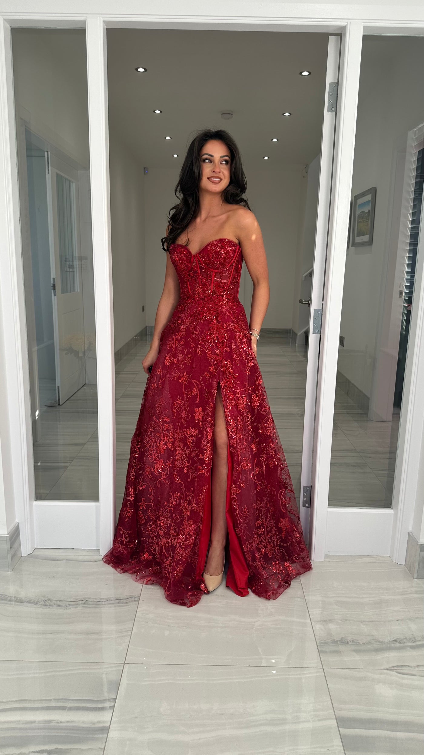 Dark Red Strapless Corset Ball Gown.
