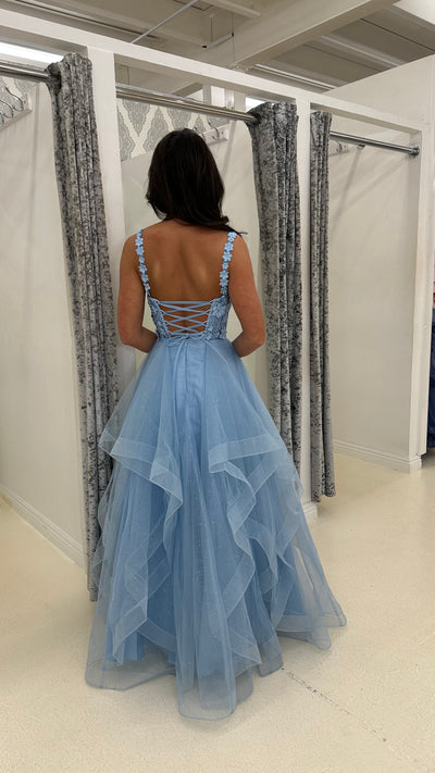 Baby Blue Flower Embroidery Corset Tiered Skirt Ball Gown