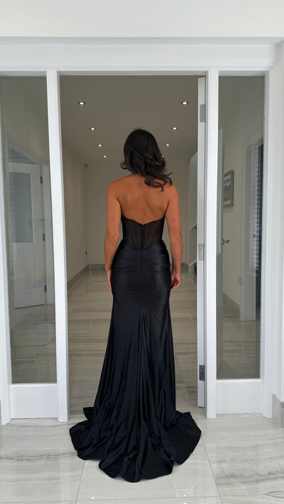 Black Satin Mesh Corset Halterneck Prom Dress