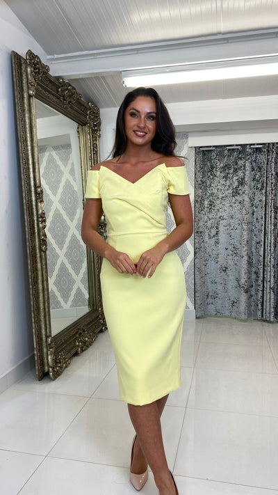 Lemon Pointed Bardot Midi Wedding Guest Dress