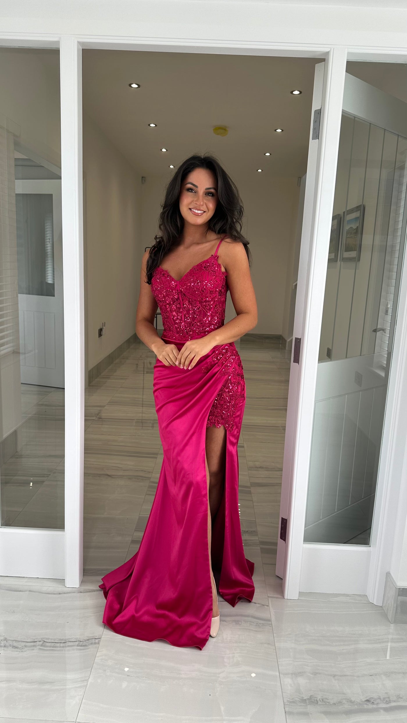 raspberry pink dress Raspberry Pink Sequin Top & Split Satin Full Length Gown – Rosies Closet