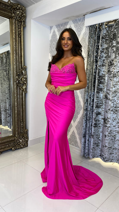 Bright Pink Strapless Detail Open Back Evening Gown