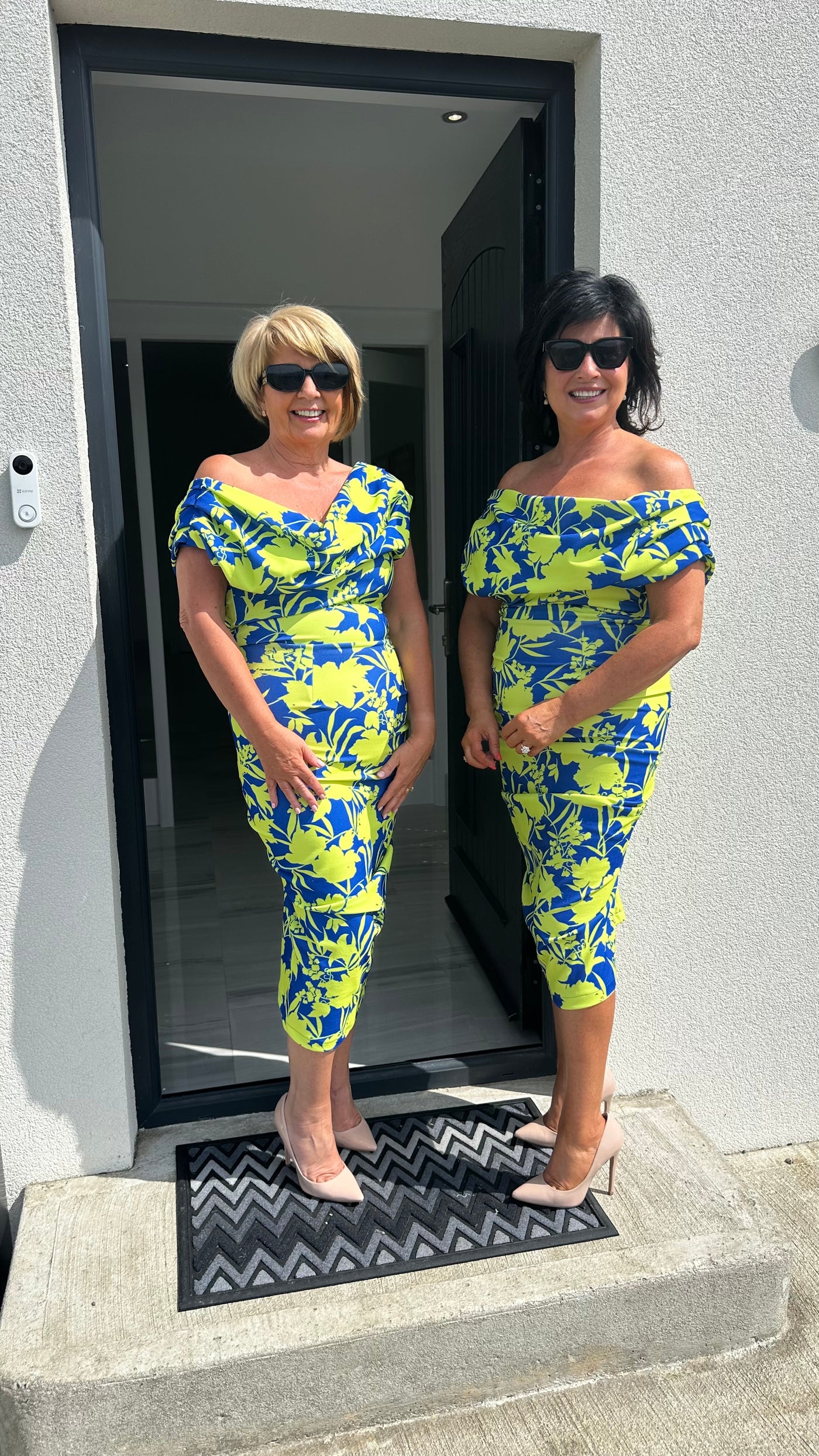 Cobalt and Lime Floral Print Drape Shoulder Midi Bodycon Dress