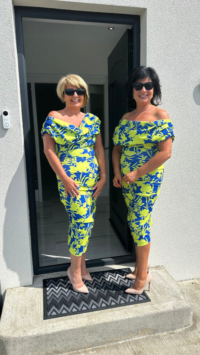 Cobalt and Lime Floral Print Drape Shoulder Midi Bodycon Dress