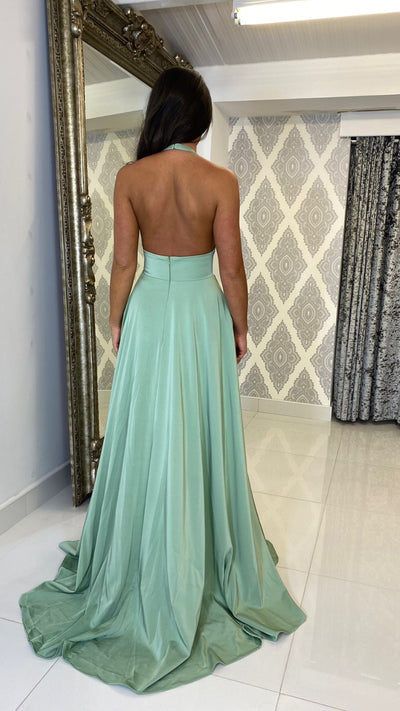 Sage Green Halterneck Full Length Gown