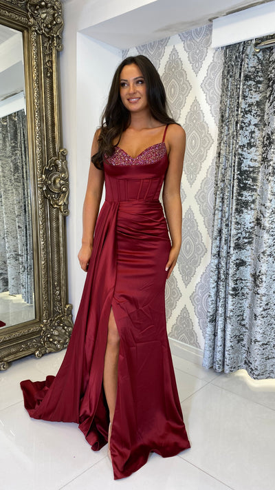 Burgundy Sequin Cup Satin Full Length Gown