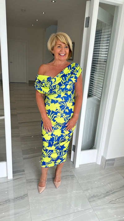Cobalt and Lime Floral Print Drape Shoulder Midi Bodycon Dress