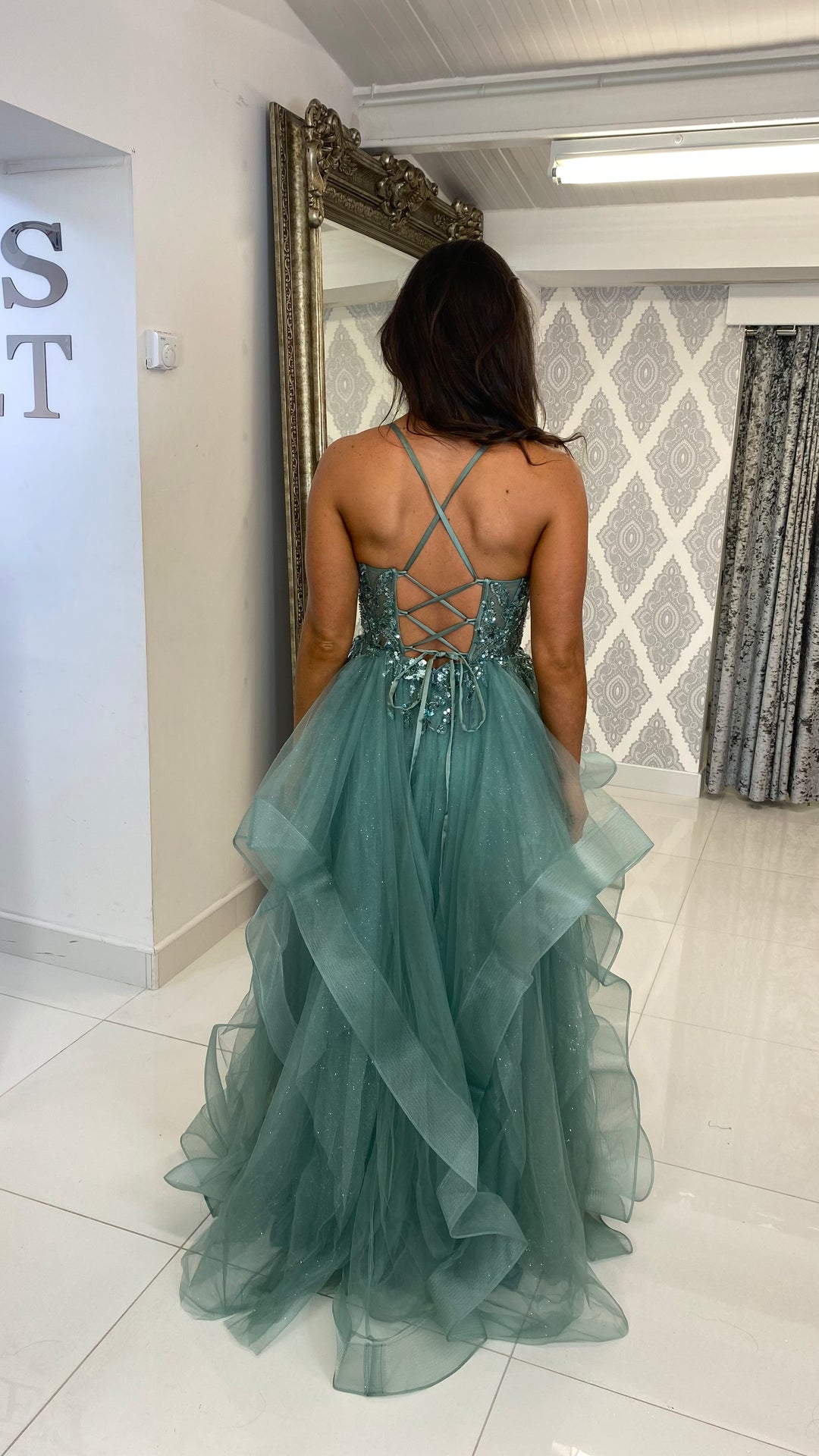 Sage Green Tiered Skirt Corset Ball Gown – Rosies Closet