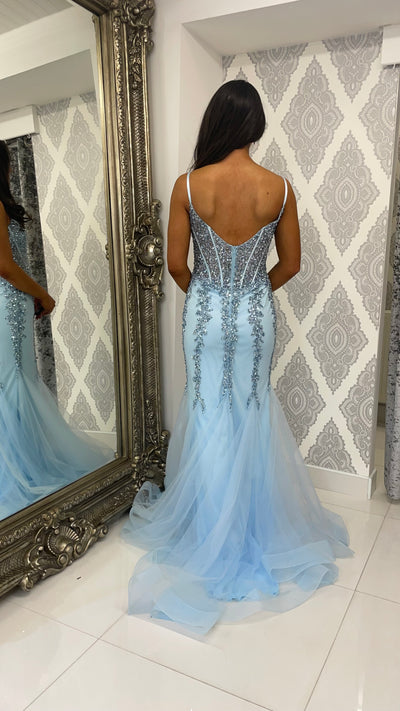 Baby Blue Corset Style Fishtail Full Length Gown