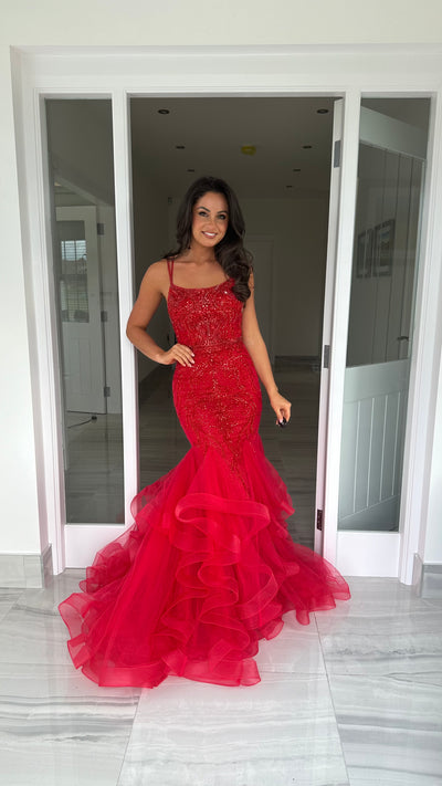 Red Straight Neck Fishtail Prom Dress