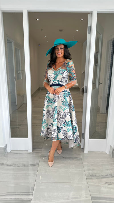 Navy Floral Embroidery Dip Hem Skater Dress