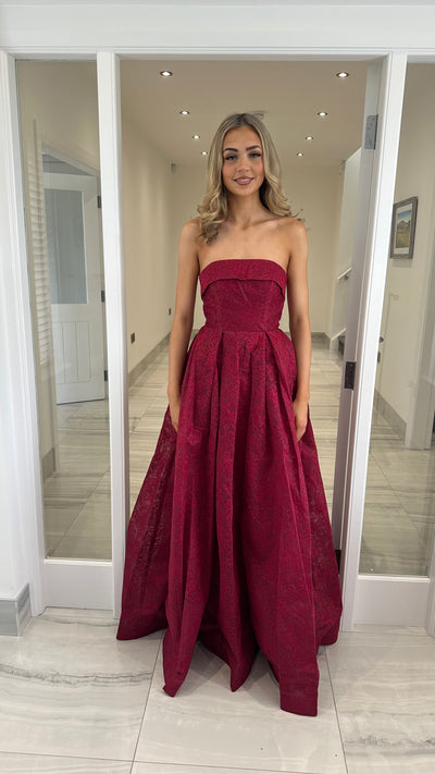 Burgundy Lace Strapless Ball Gown