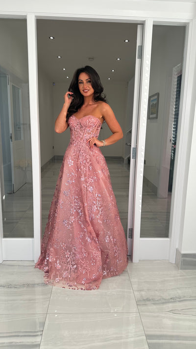 Rose Pink Strapless Corset Ball Gown