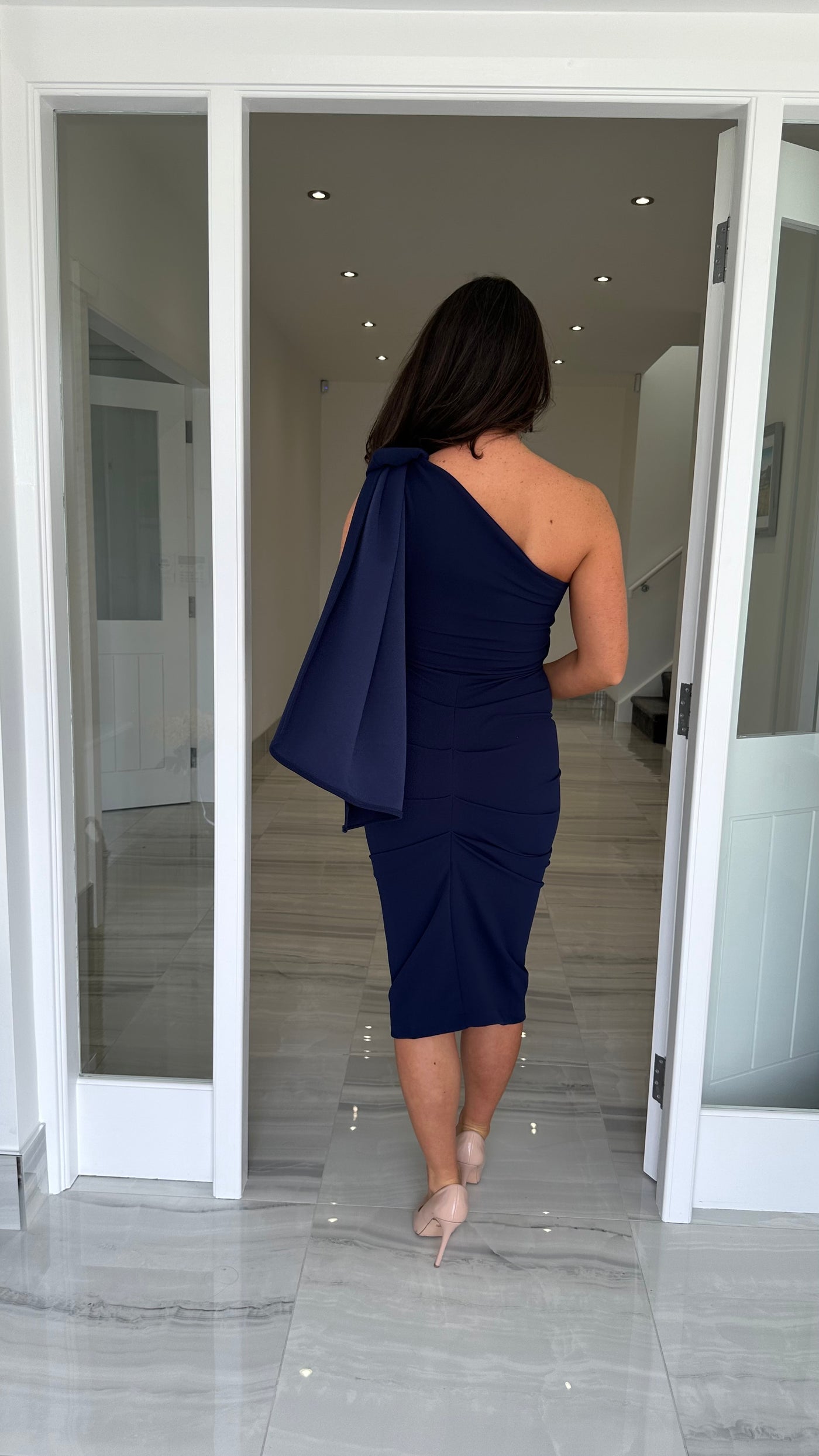 Drape One Shoulder Wedding Guest Dress In Navy Blue