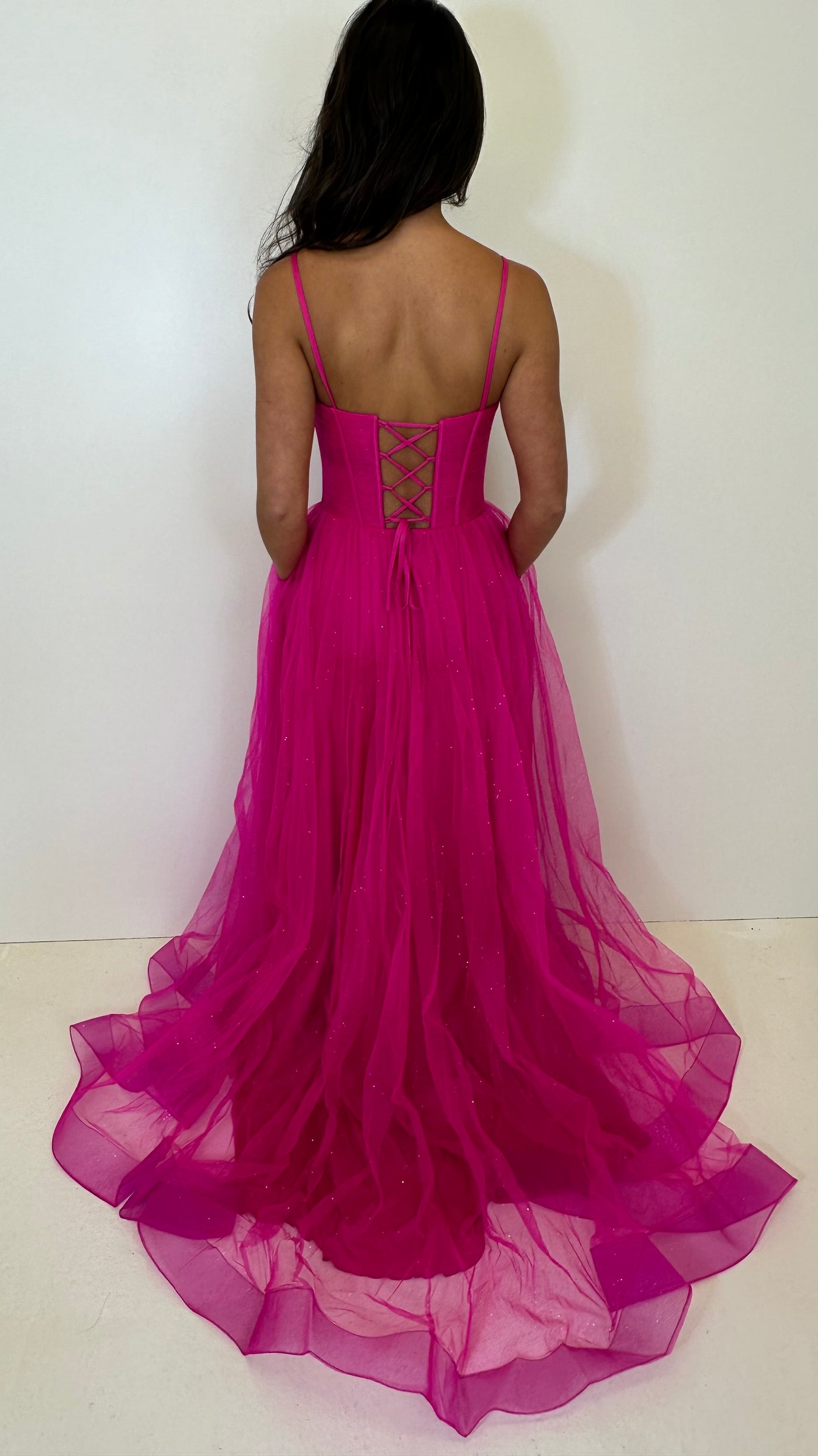 Hot Pink Glitter Corset Back Ball Gown Prom Dress