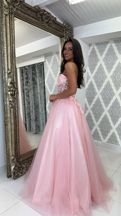Peach Corset Style Strapless Ball Gown