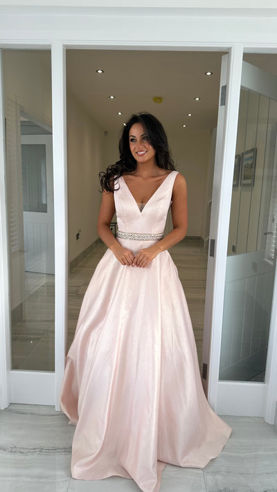 Pale Pink V-Neck Ball Gown