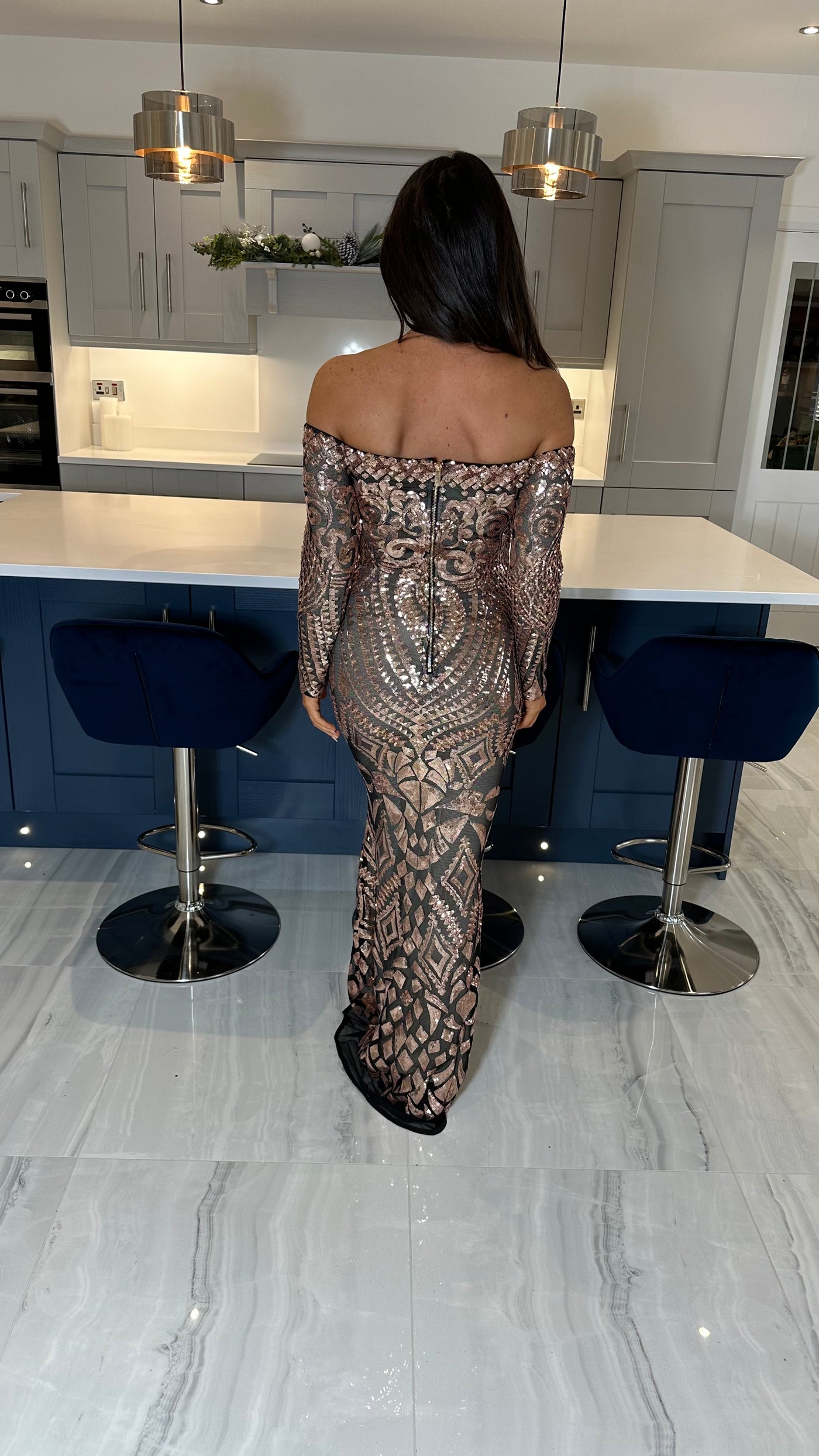 Bardot Style Full Sequin Detailed Maxi Evening Dress In Bronze Colour