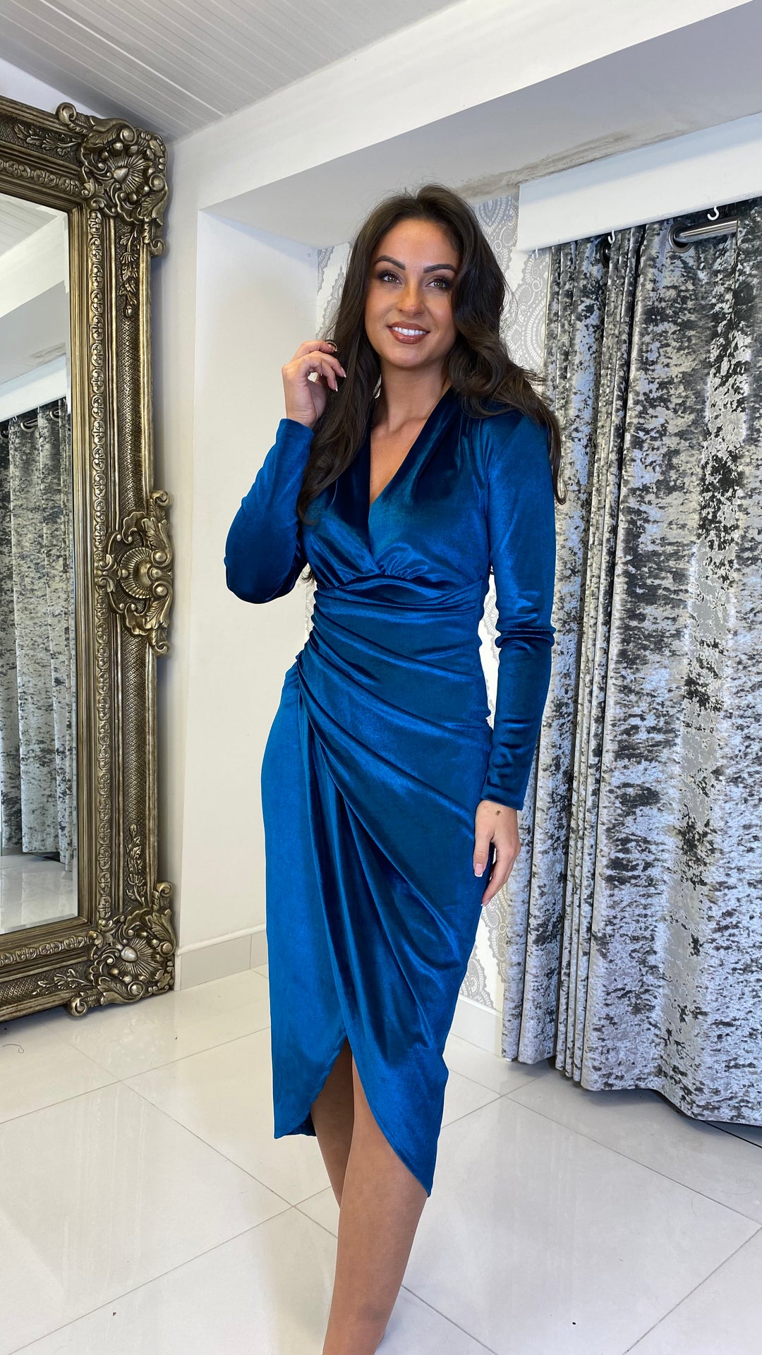 Teal Midi Ruched Dress Velvet Cocktail Dress – Rosies Closet