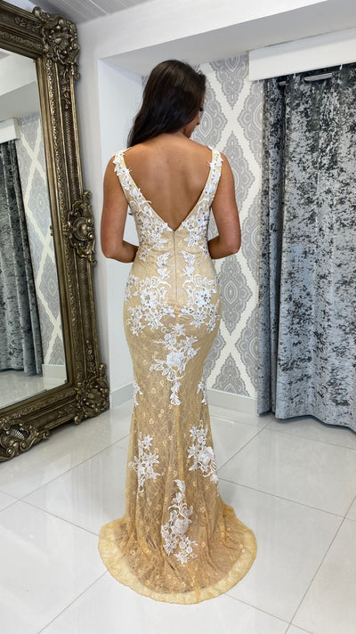 Gold & Ivory Lace Plunge Neck Full Length Gown
