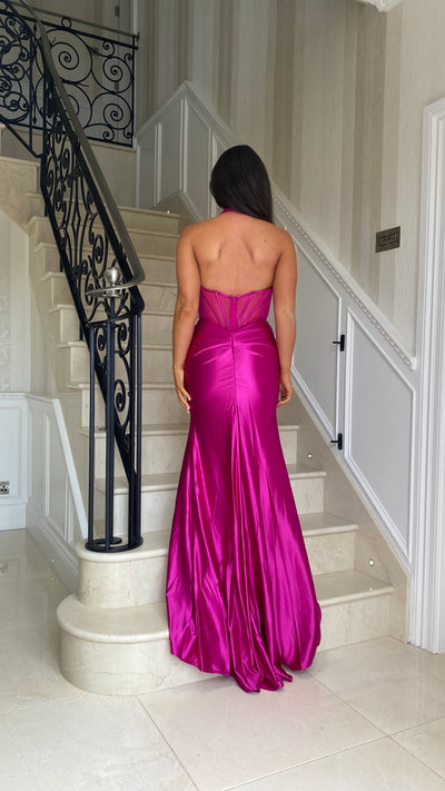 Magenta Mesh Corset Satin Halterneck Prom Dress
