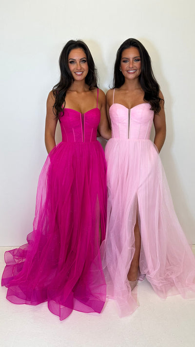 Hot Pink Glitter Corset Back Ball Gown Prom Dress