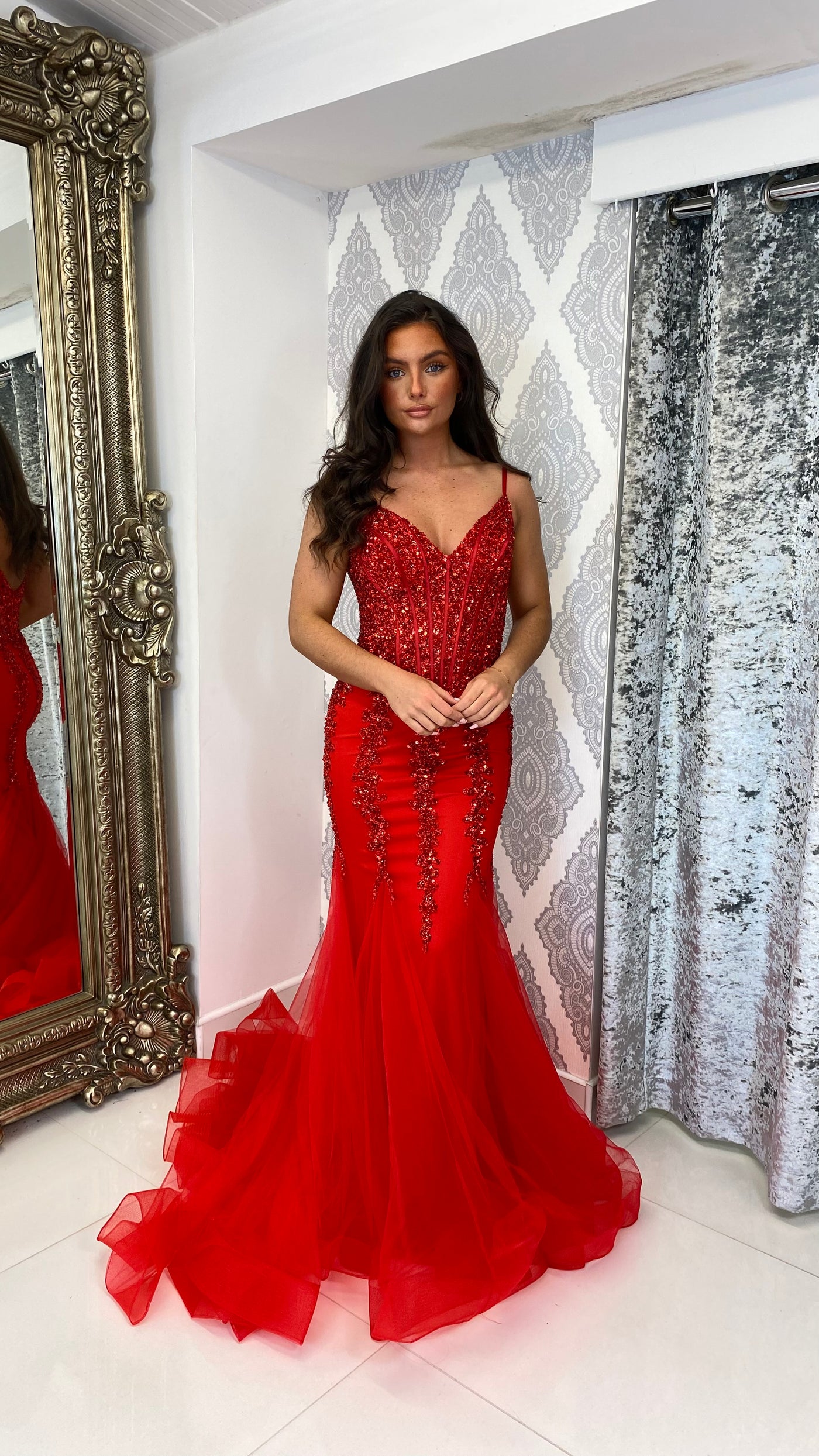 Red Jewell Corset Fishtail Prom Dress – Rosies Closet