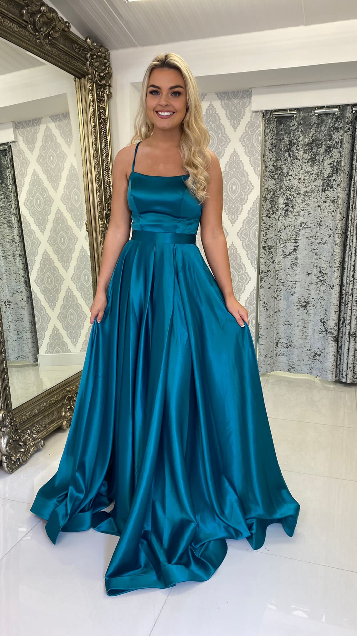 Teal Satin Straight Neck Corset Ball Gown