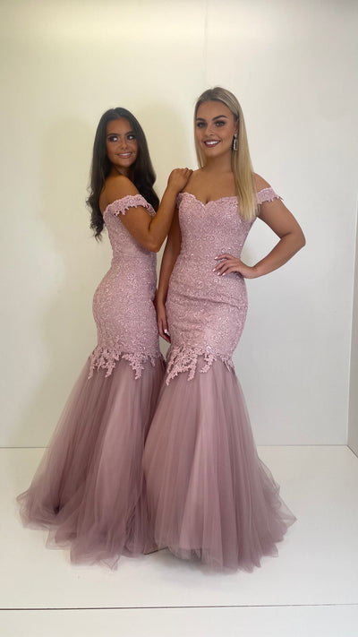 Blush Pink Bardot Lace Fishtail Prom Dress