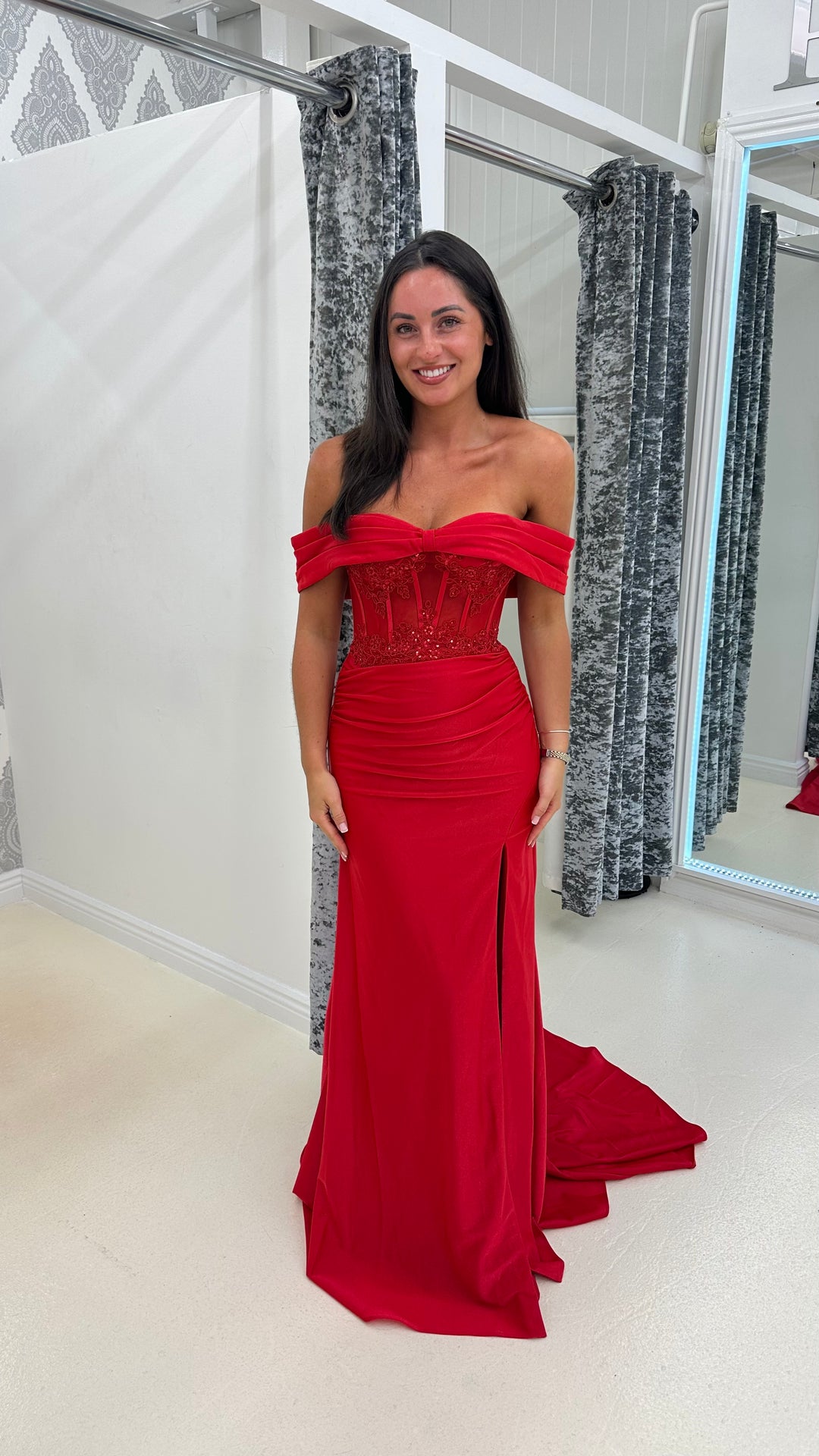 Red Bardot Mesh Lace Corset Prom Dress – Rosies Closet