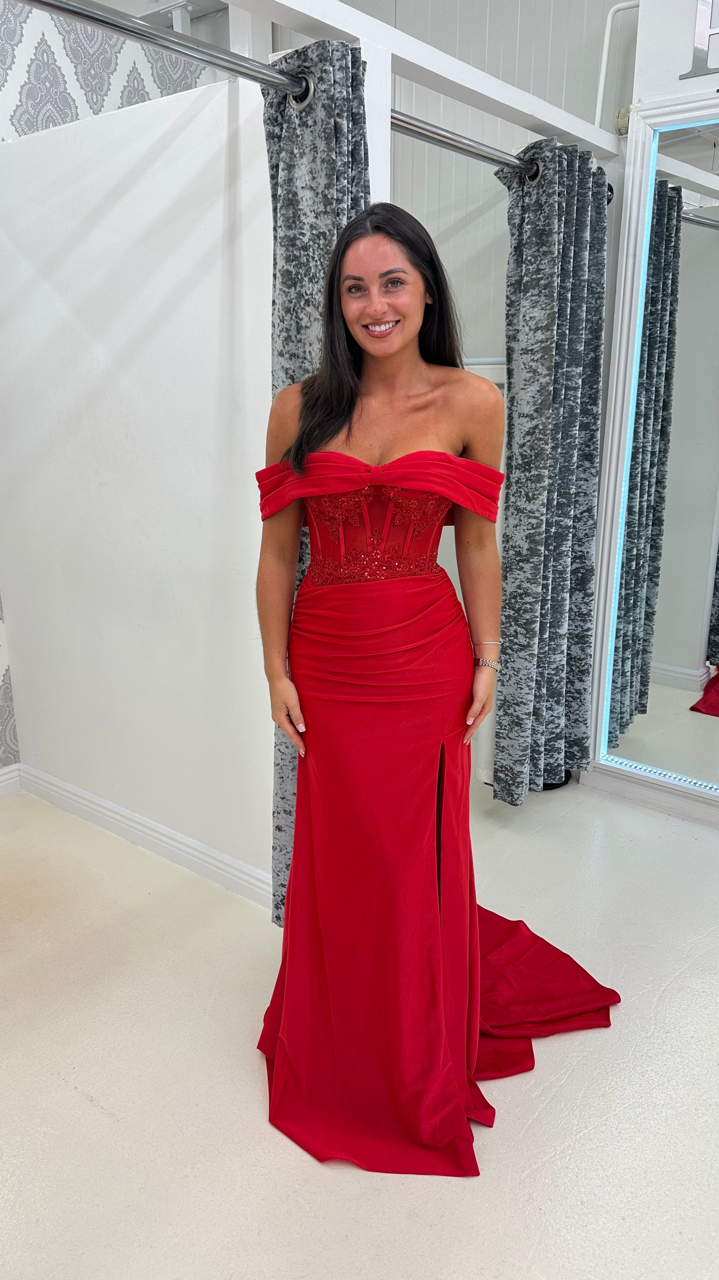 Red Bardot Mesh Lace Corset Prom Dress