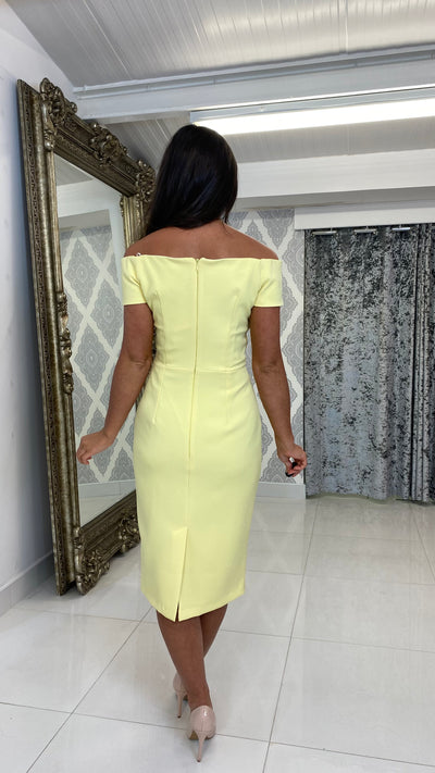 Lemon Pointed Bardot Midi Wedding Guest Dress