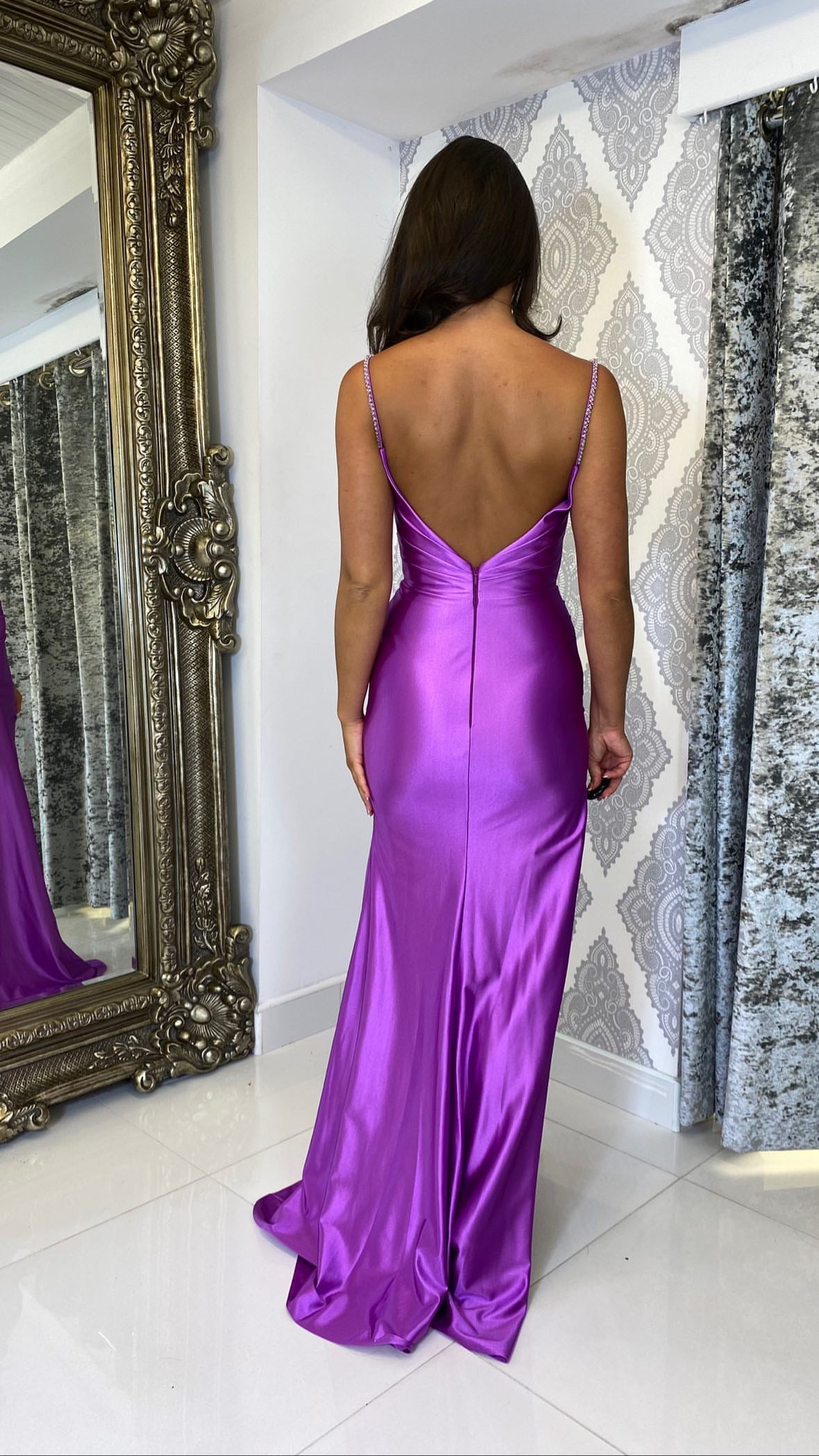 Magenta Ruched Satin Side Split Full Length Gown
