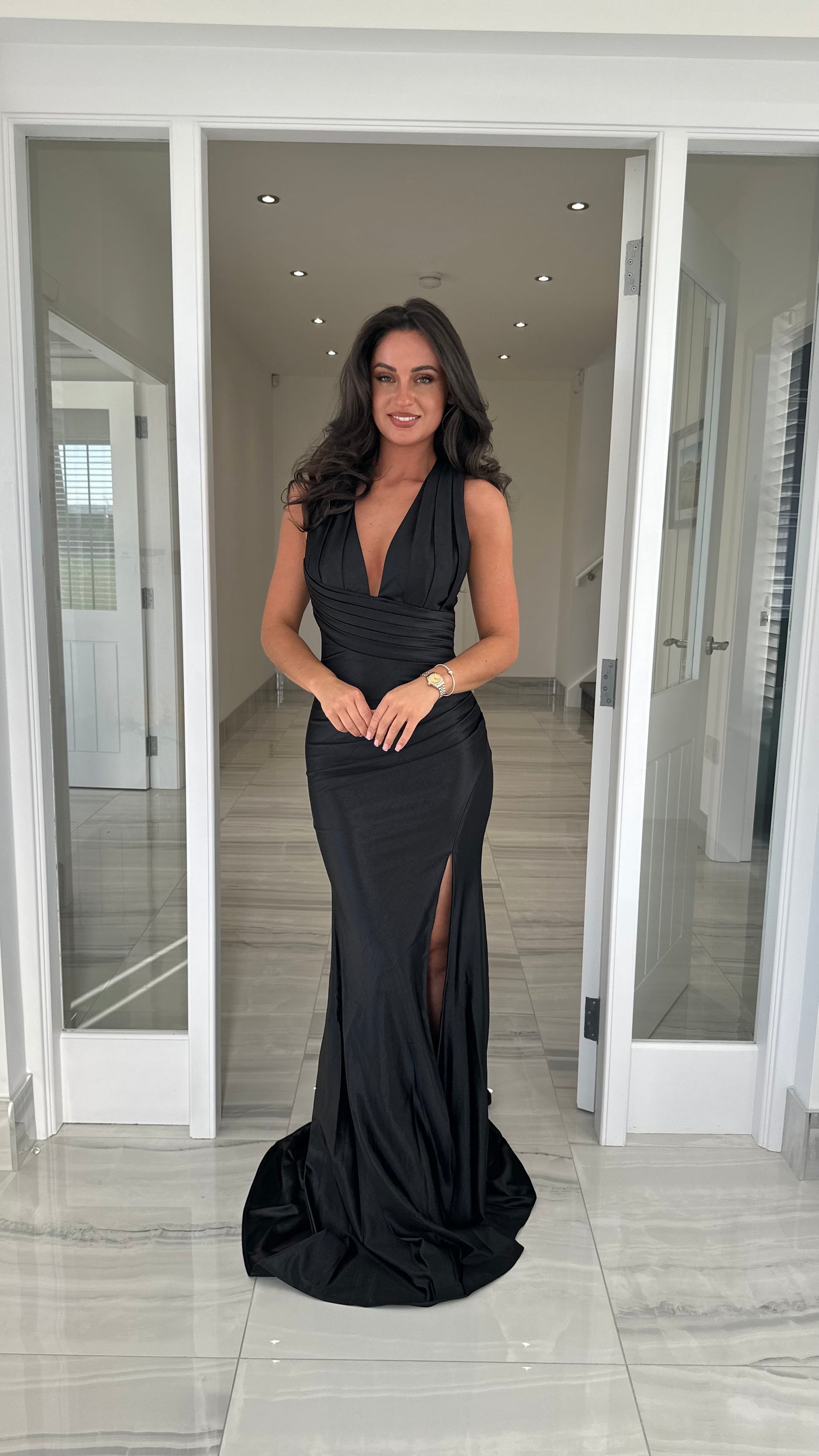 black satin prom dress uk Black Satin Prom Dress with Lace Halter, Slit & Pockets