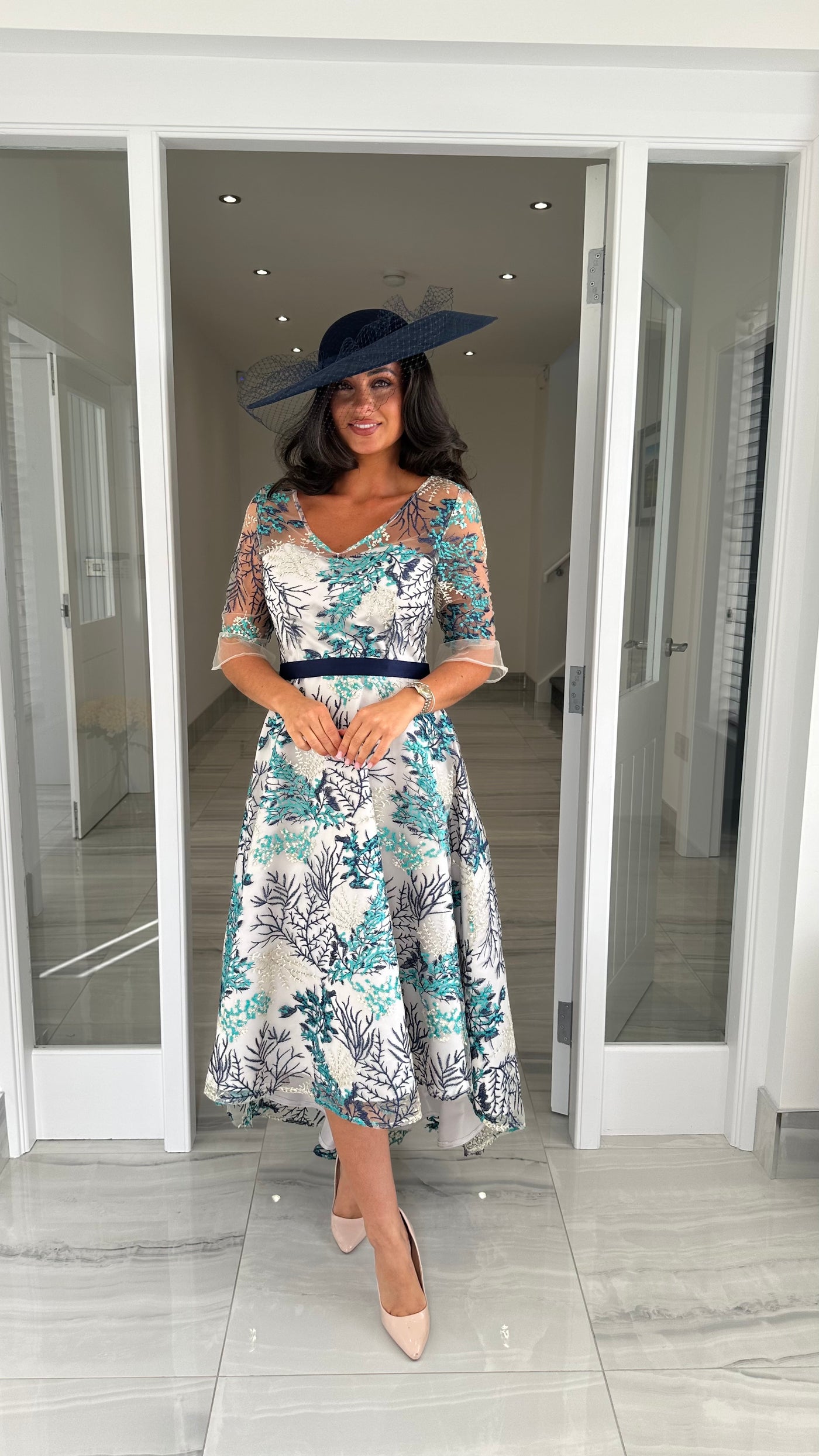 Navy Floral Embroidery Dip Hem Skater Dress