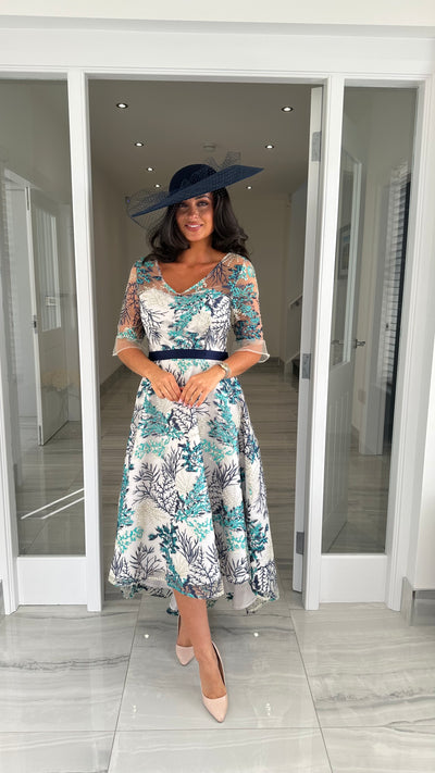 Navy Floral Embroidery Dip Hem Skater Dress
