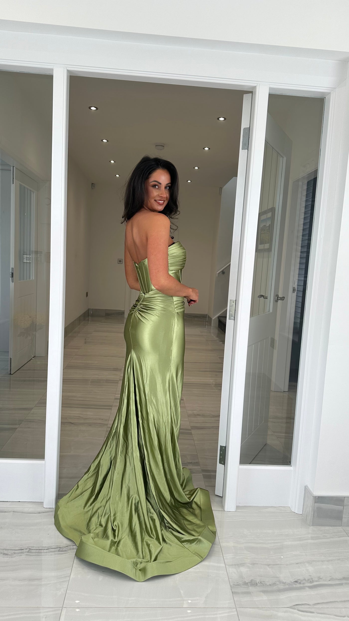 Olive Green Strapless Sweetheart Satin Gown Rosies Closet Olive Green Strapless Sweetheart Satin Gown Rosies Closet