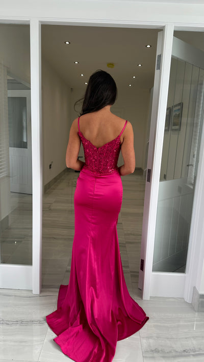 Raspberry Pink Sequin Top & Split Satin Full Length Gown