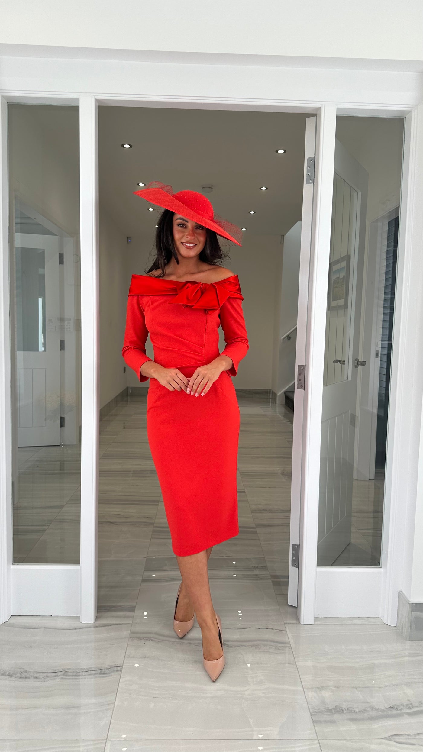 Coral Orange Bardot Neckline with Satin Bow