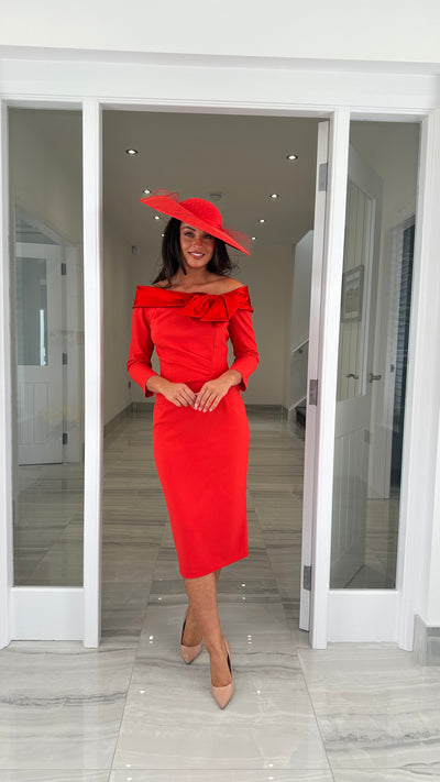 Coral Orange Bardot Neckline with Satin Bow