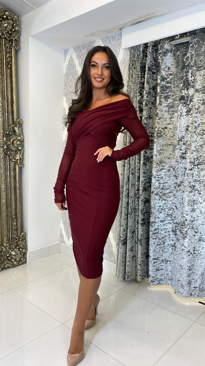 Burgundy Bardot Long Sleeve Mesh Midi Dress