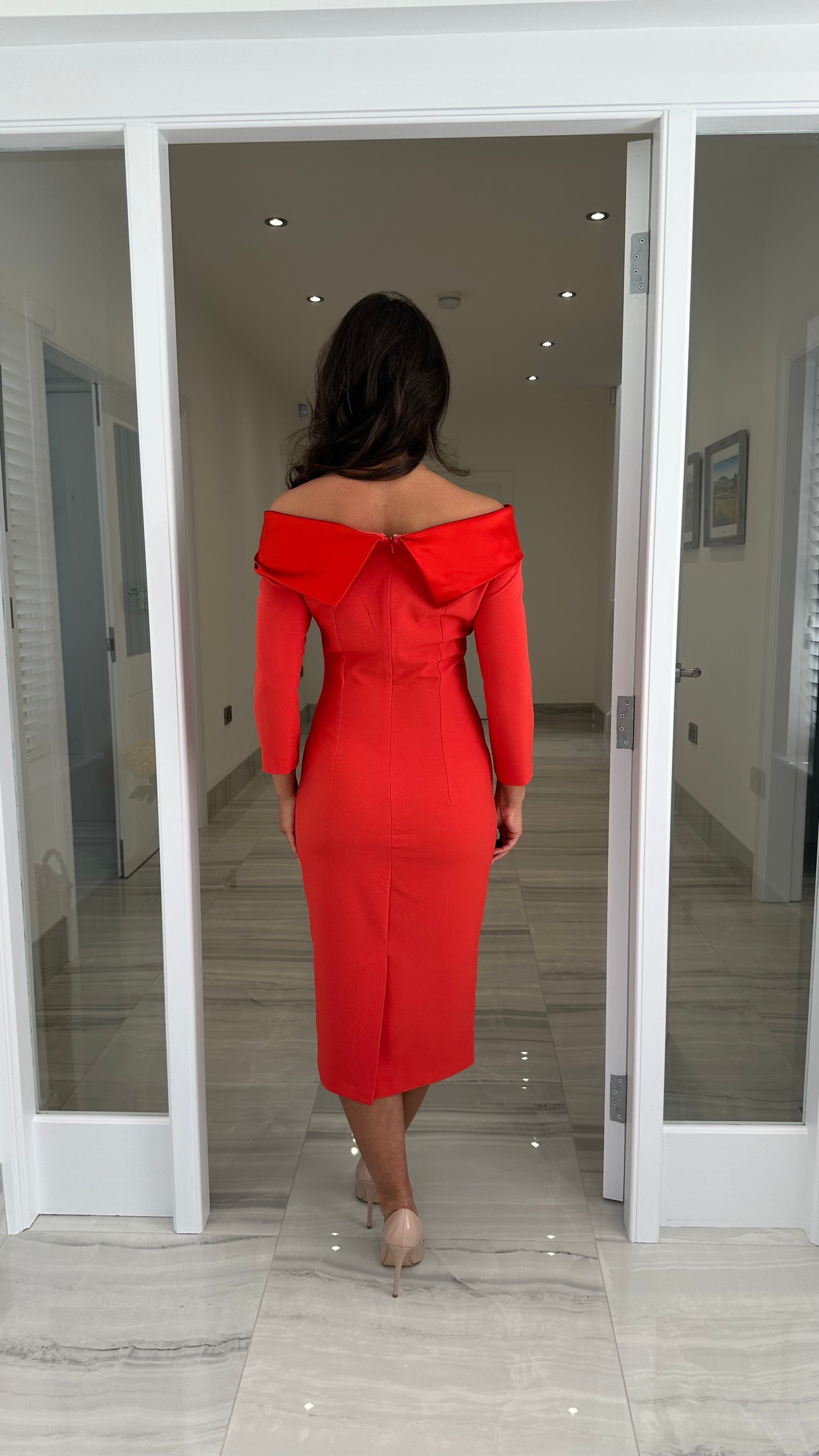 Coral Orange Bardot Neckline with Satin Bow