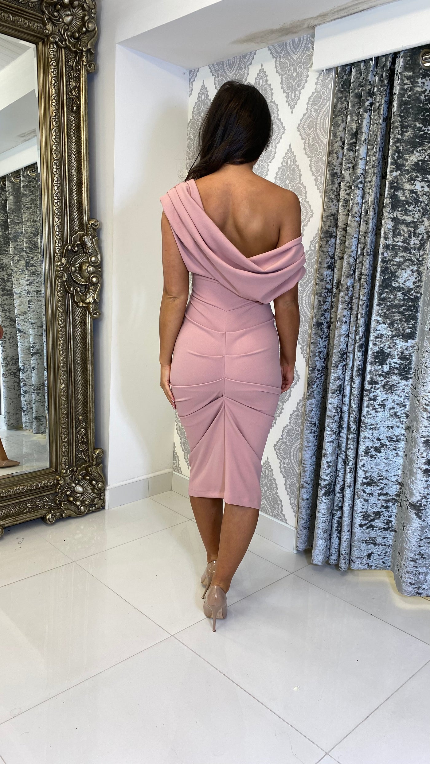 Blush Pink Drape Shoulder Midi Bodycon Dress