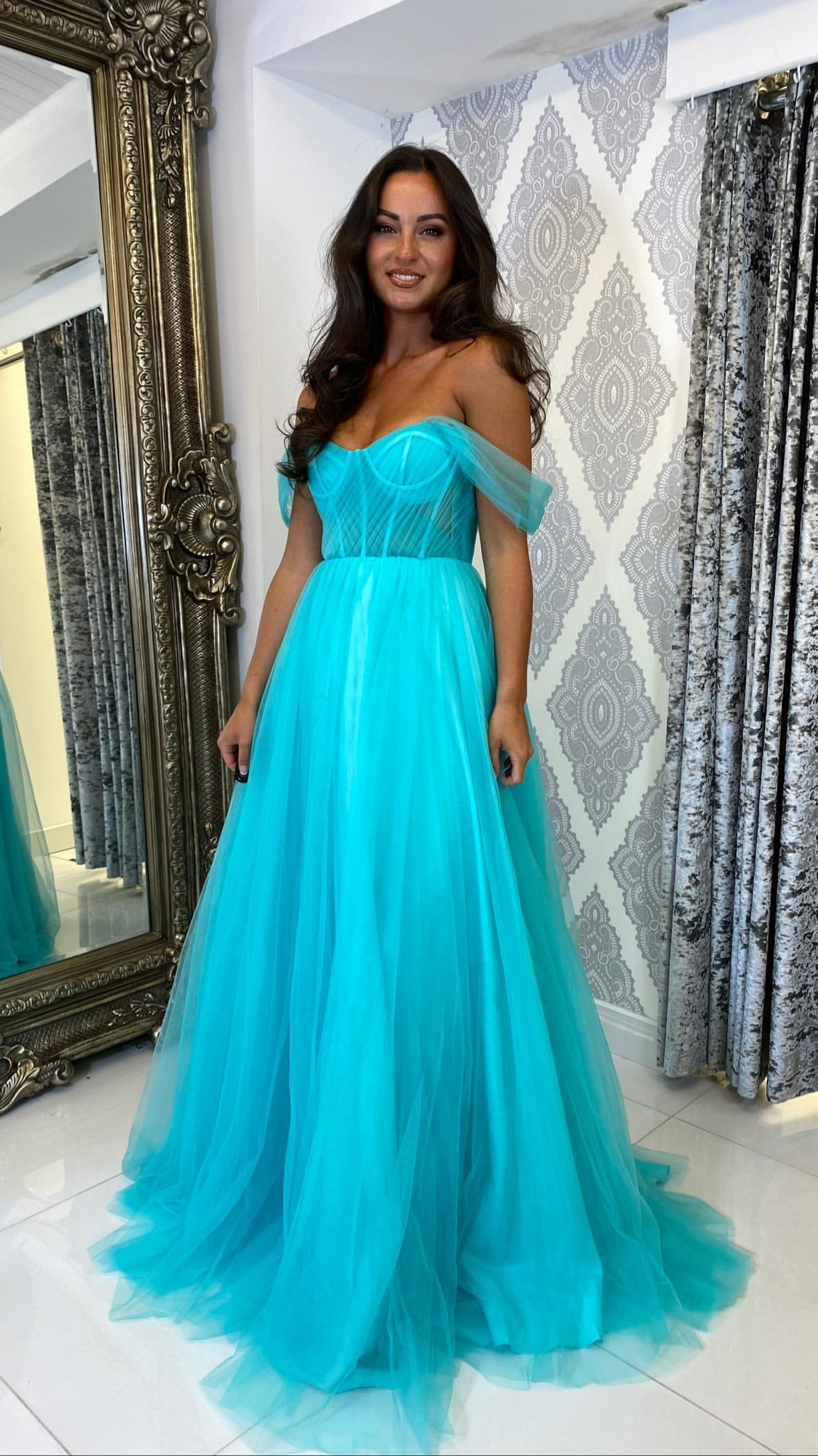 Mint Bardot Mesh Corset Ball Gown